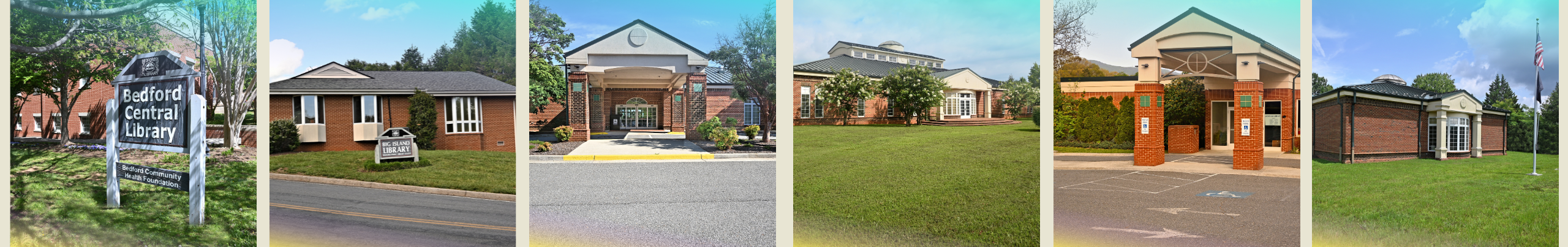 Collage of exterior photos of the six branches of BPLS libraries